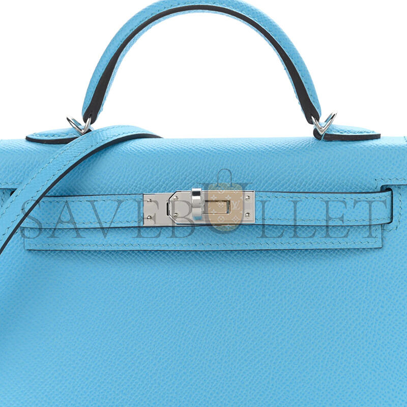 HERMES MINI KELLY EPSOM BLUE CELESTE PALLADIUM HARDWARE (19*12*5.5cm)